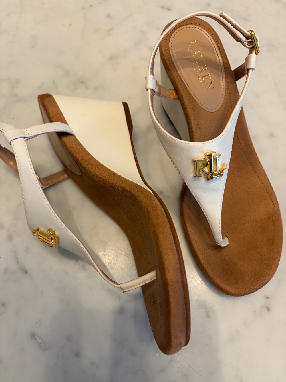 Ralph Lauren NEW Jeannie White Wedge Sandals T-Strap Thong Logo Sz 8.5 Resort - Picture 10 of 12